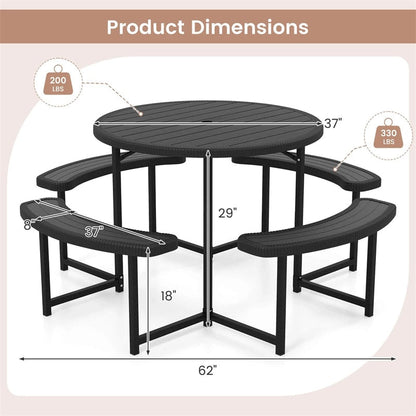 8 Person Round Outdoor Picnic Table Bench Set with Umbrella Hole, HDPE Tabletop, Metal Frame & 2000lbs Capacity for Patio, Garden, Lawn