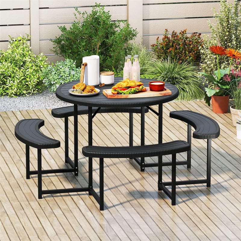 8 Person Round Outdoor Picnic Table Bench Set with Umbrella Hole, HDPE Tabletop, Metal Frame & 2000lbs Capacity for Patio, Garden, Lawn