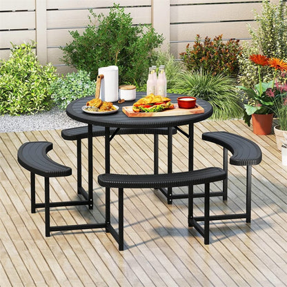 8 Person Round Outdoor Picnic Table Bench Set with Umbrella Hole, HDPE Tabletop, Metal Frame & 2000lbs Capacity for Patio, Garden, Lawn