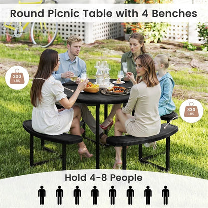 8 Person Round Outdoor Picnic Table Bench Set with Umbrella Hole, HDPE Tabletop, Metal Frame & 2000lbs Capacity for Patio, Garden, Lawn
