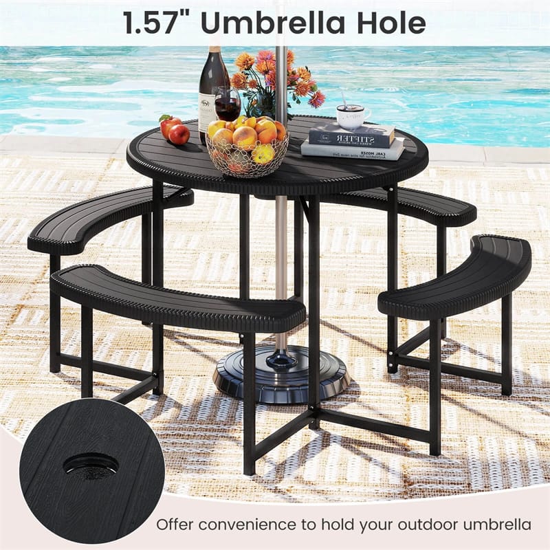 8 Person Round Outdoor Picnic Table Bench Set with Umbrella Hole, HDPE Tabletop, Metal Frame & 2000lbs Capacity for Patio, Garden, Lawn
