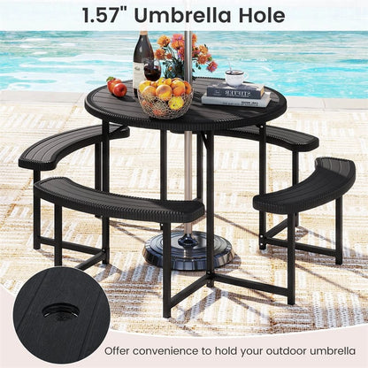 8 Person Round Outdoor Picnic Table Bench Set with Umbrella Hole, HDPE Tabletop, Metal Frame & 2000lbs Capacity for Patio, Garden, Lawn