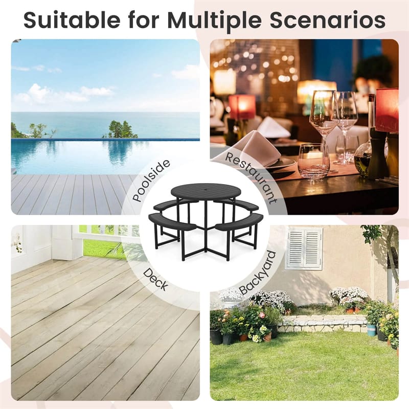 8 Person Round Outdoor Picnic Table Bench Set with Umbrella Hole, HDPE Tabletop, Metal Frame & 2000lbs Capacity for Patio, Garden, Lawn