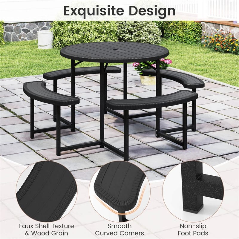 8 Person Round Outdoor Picnic Table Bench Set with Umbrella Hole, HDPE Tabletop, Metal Frame & 2000lbs Capacity for Patio, Garden, Lawn