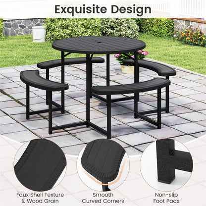 8 Person Round Outdoor Picnic Table Bench Set with Umbrella Hole, HDPE Tabletop, Metal Frame & 2000lbs Capacity for Patio, Garden, Lawn