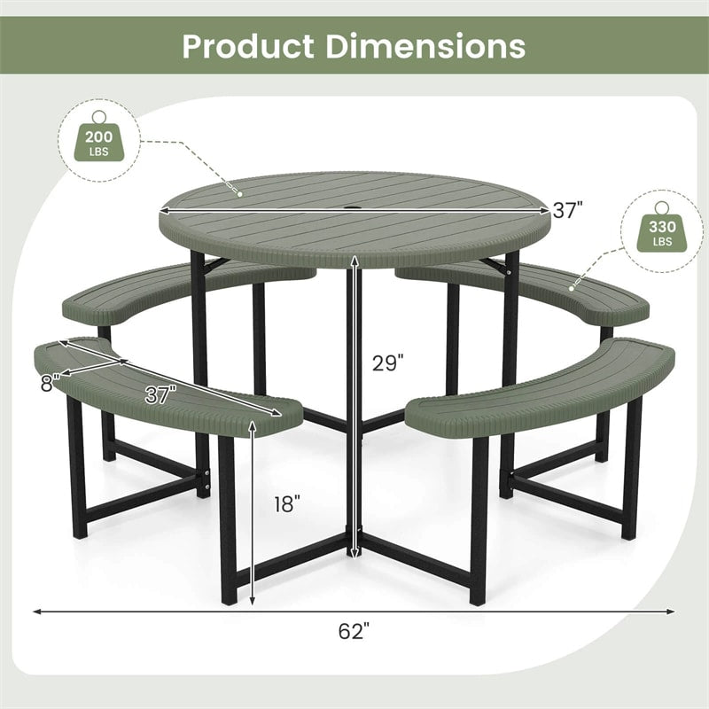 8 Person Round Outdoor Picnic Table Bench Set with Umbrella Hole, HDPE Tabletop, Metal Frame & 2000lbs Capacity for Patio, Garden, Lawn