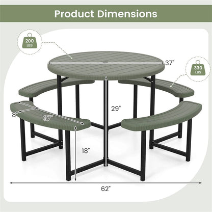 8 Person Round Outdoor Picnic Table Bench Set with Umbrella Hole, HDPE Tabletop, Metal Frame & 2000lbs Capacity for Patio, Garden, Lawn