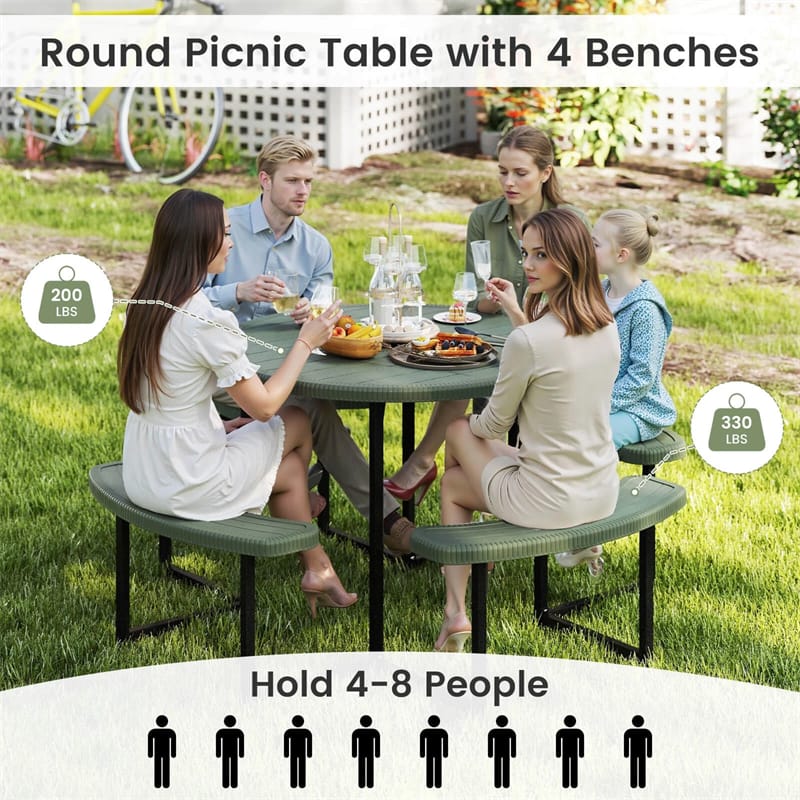 8 Person Round Outdoor Picnic Table Bench Set with Umbrella Hole, HDPE Tabletop, Metal Frame & 2000lbs Capacity for Patio, Garden, Lawn