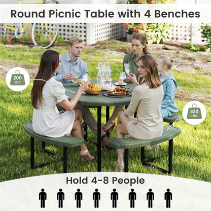 8 Person Round Outdoor Picnic Table Bench Set with Umbrella Hole, HDPE Tabletop, Metal Frame & 2000lbs Capacity for Patio, Garden, Lawn