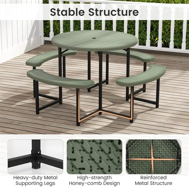 8 Person Round Outdoor Picnic Table Bench Set with Umbrella Hole, HDPE Tabletop, Metal Frame & 2000lbs Capacity for Patio, Garden, Lawn