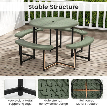 8 Person Round Outdoor Picnic Table Bench Set with Umbrella Hole, HDPE Tabletop, Metal Frame & 2000lbs Capacity for Patio, Garden, Lawn