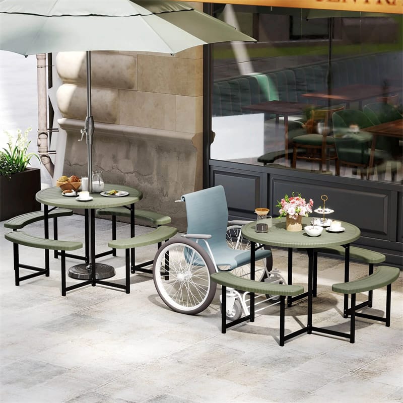 8 Person Round Outdoor Picnic Table Bench Set with Umbrella Hole, HDPE Tabletop, Metal Frame & 2000lbs Capacity for Patio, Garden, Lawn