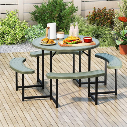 8 Person Round Outdoor Picnic Table Bench Set with Umbrella Hole, HDPE Tabletop, Metal Frame & 2000lbs Capacity for Patio, Garden, Lawn