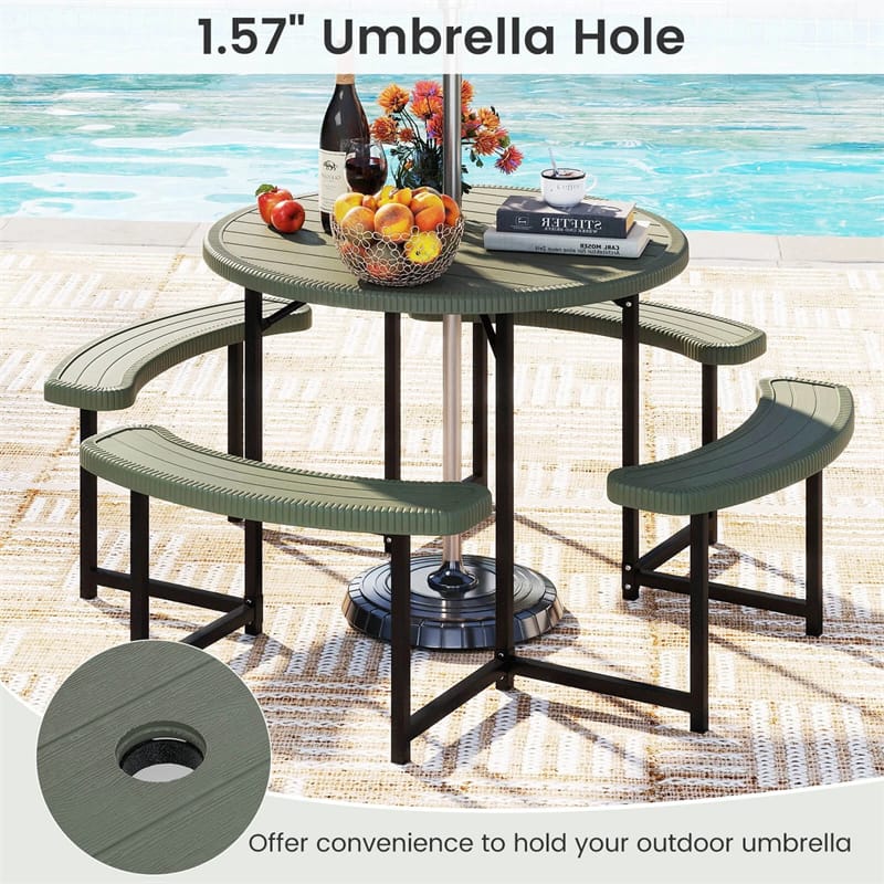 8 Person Round Outdoor Picnic Table Bench Set with Umbrella Hole, HDPE Tabletop, Metal Frame & 2000lbs Capacity for Patio, Garden, Lawn