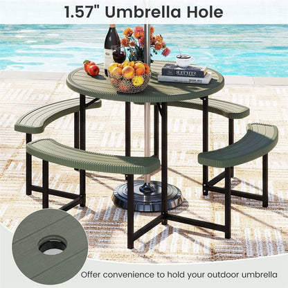 8 Person Round Outdoor Picnic Table Bench Set with Umbrella Hole, HDPE Tabletop, Metal Frame & 2000lbs Capacity for Patio, Garden, Lawn