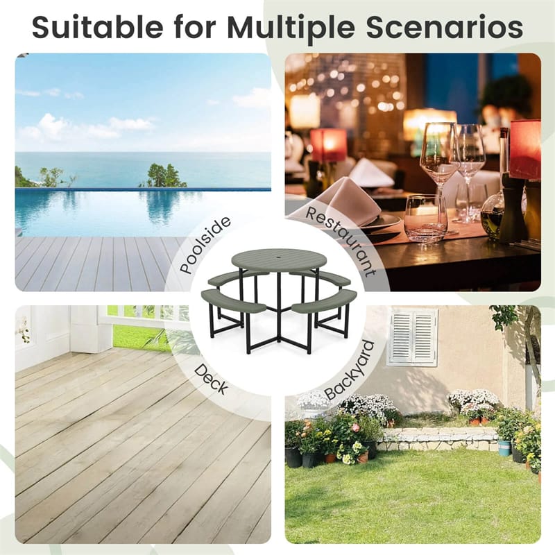 8 Person Round Outdoor Picnic Table Bench Set with Umbrella Hole, HDPE Tabletop, Metal Frame & 2000lbs Capacity for Patio, Garden, Lawn