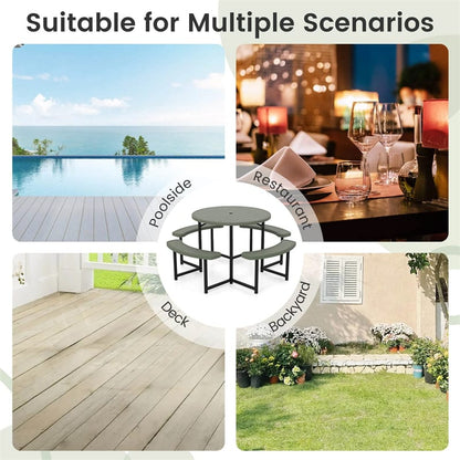 8 Person Round Outdoor Picnic Table Bench Set with Umbrella Hole, HDPE Tabletop, Metal Frame & 2000lbs Capacity for Patio, Garden, Lawn