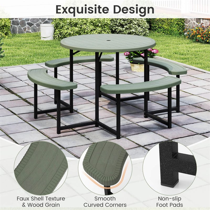 8 Person Round Outdoor Picnic Table Bench Set with Umbrella Hole, HDPE Tabletop, Metal Frame & 2000lbs Capacity for Patio, Garden, Lawn