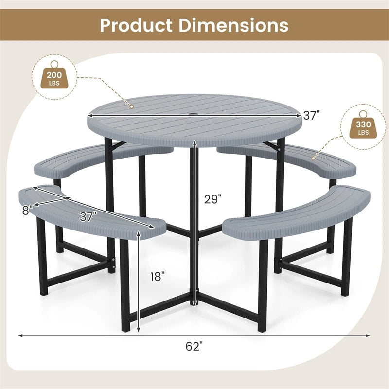 8 Person Round Outdoor Picnic Table Bench Set with Umbrella Hole, HDPE Tabletop, Metal Frame & 2000lbs Capacity for Patio, Garden, Lawn