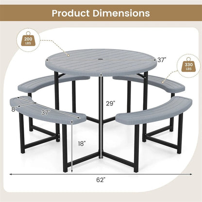 8 Person Round Outdoor Picnic Table Bench Set with Umbrella Hole, HDPE Tabletop, Metal Frame & 2000lbs Capacity for Patio, Garden, Lawn