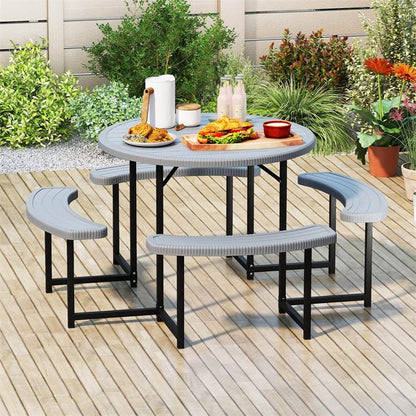 8 Person Round Outdoor Picnic Table Bench Set with Umbrella Hole, HDPE Tabletop, Metal Frame & 2000lbs Capacity for Patio, Garden, Lawn