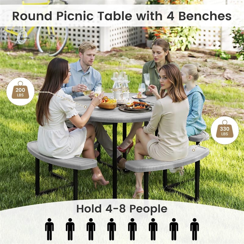 8 Person Round Outdoor Picnic Table Bench Set with Umbrella Hole, HDPE Tabletop, Metal Frame & 2000lbs Capacity for Patio, Garden, Lawn