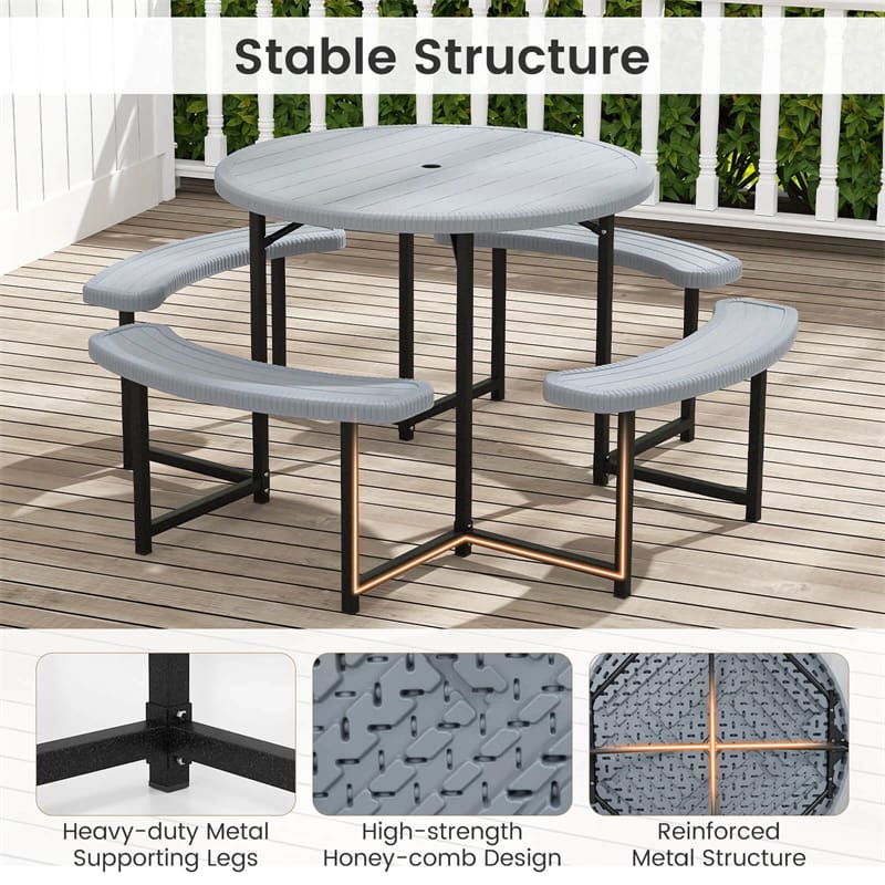 8 Person Round Outdoor Picnic Table Bench Set with Umbrella Hole, HDPE Tabletop, Metal Frame & 2000lbs Capacity for Patio, Garden, Lawn
