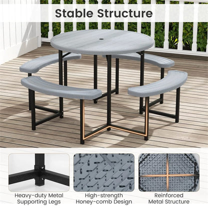 8 Person Round Outdoor Picnic Table Bench Set with Umbrella Hole, HDPE Tabletop, Metal Frame & 2000lbs Capacity for Patio, Garden, Lawn