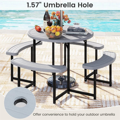 8 Person Round Outdoor Picnic Table Bench Set with Umbrella Hole, HDPE Tabletop, Metal Frame & 2000lbs Capacity for Patio, Garden, Lawn