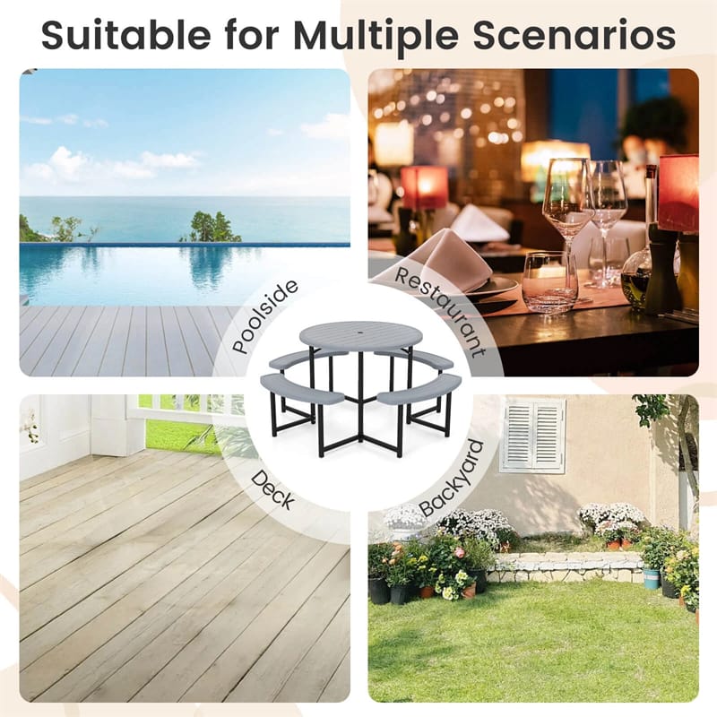 8 Person Round Outdoor Picnic Table Bench Set with Umbrella Hole, HDPE Tabletop, Metal Frame & 2000lbs Capacity for Patio, Garden, Lawn