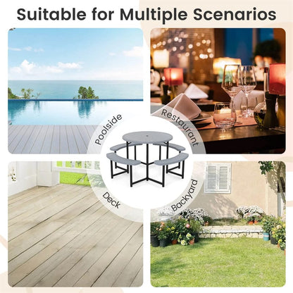 8 Person Round Outdoor Picnic Table Bench Set with Umbrella Hole, HDPE Tabletop, Metal Frame & 2000lbs Capacity for Patio, Garden, Lawn