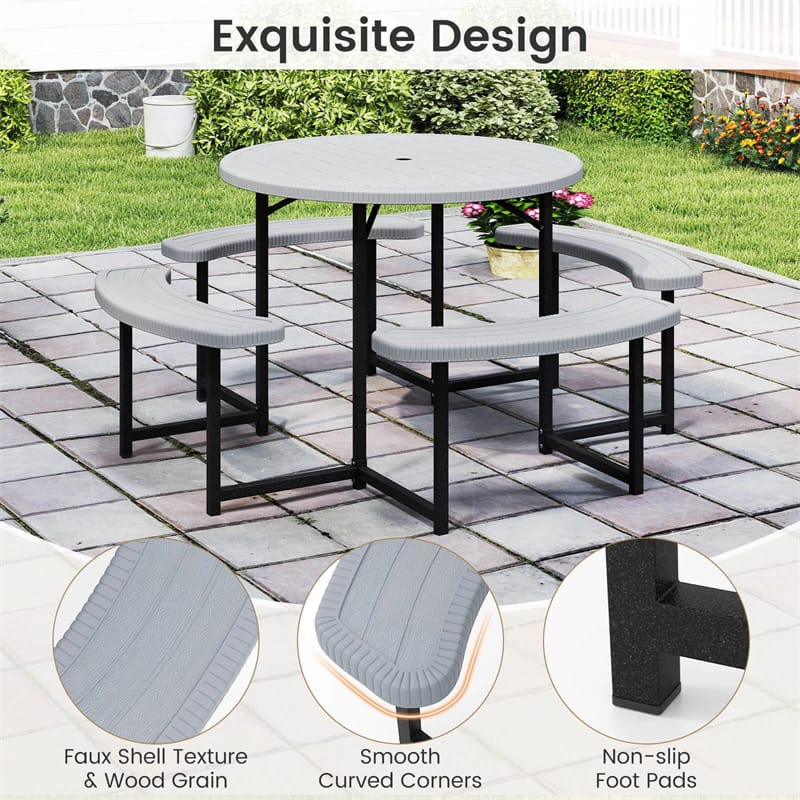 8 Person Round Outdoor Picnic Table Bench Set with Umbrella Hole, HDPE Tabletop, Metal Frame & 2000lbs Capacity for Patio, Garden, Lawn