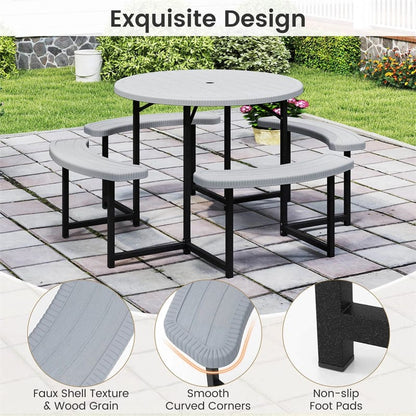 8 Person Round Outdoor Picnic Table Bench Set with Umbrella Hole, HDPE Tabletop, Metal Frame & 2000lbs Capacity for Patio, Garden, Lawn