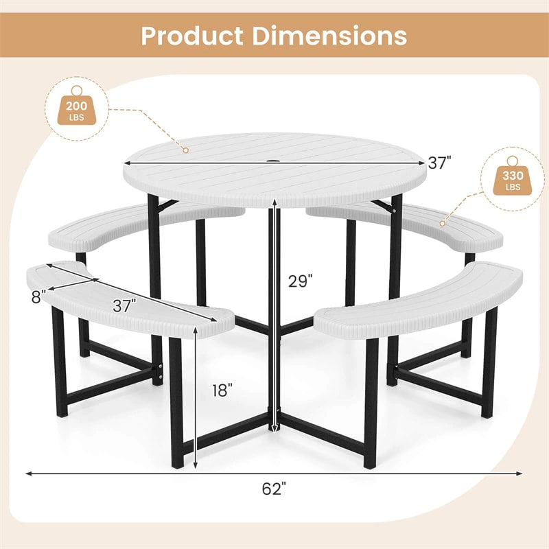 8 Person Round Outdoor Picnic Table Bench Set with Umbrella Hole, HDPE Tabletop, Metal Frame & 2000lbs Capacity for Patio, Garden, Lawn