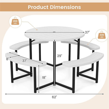 8 Person Round Outdoor Picnic Table Bench Set with Umbrella Hole, HDPE Tabletop, Metal Frame & 2000lbs Capacity for Patio, Garden, Lawn