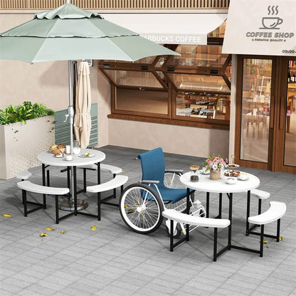 8 Person Round Outdoor Picnic Table Bench Set with Umbrella Hole, HDPE Tabletop, Metal Frame & 2000lbs Capacity for Patio, Garden, Lawn