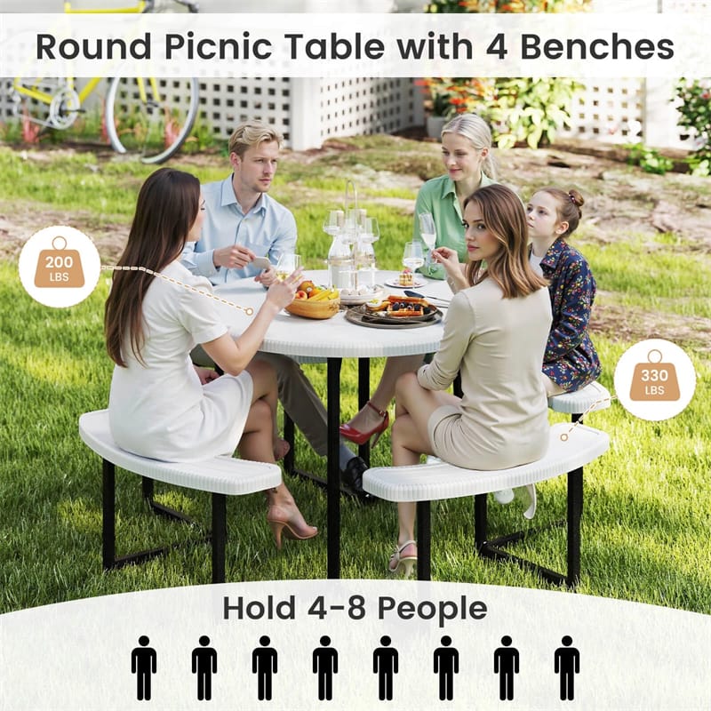 8 Person Round Outdoor Picnic Table Bench Set with Umbrella Hole, HDPE Tabletop, Metal Frame & 2000lbs Capacity for Patio, Garden, Lawn