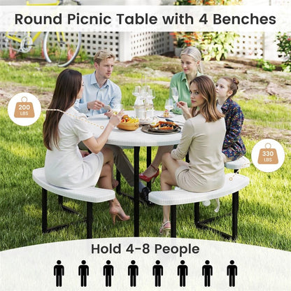 8 Person Round Outdoor Picnic Table Bench Set with Umbrella Hole, HDPE Tabletop, Metal Frame & 2000lbs Capacity for Patio, Garden, Lawn