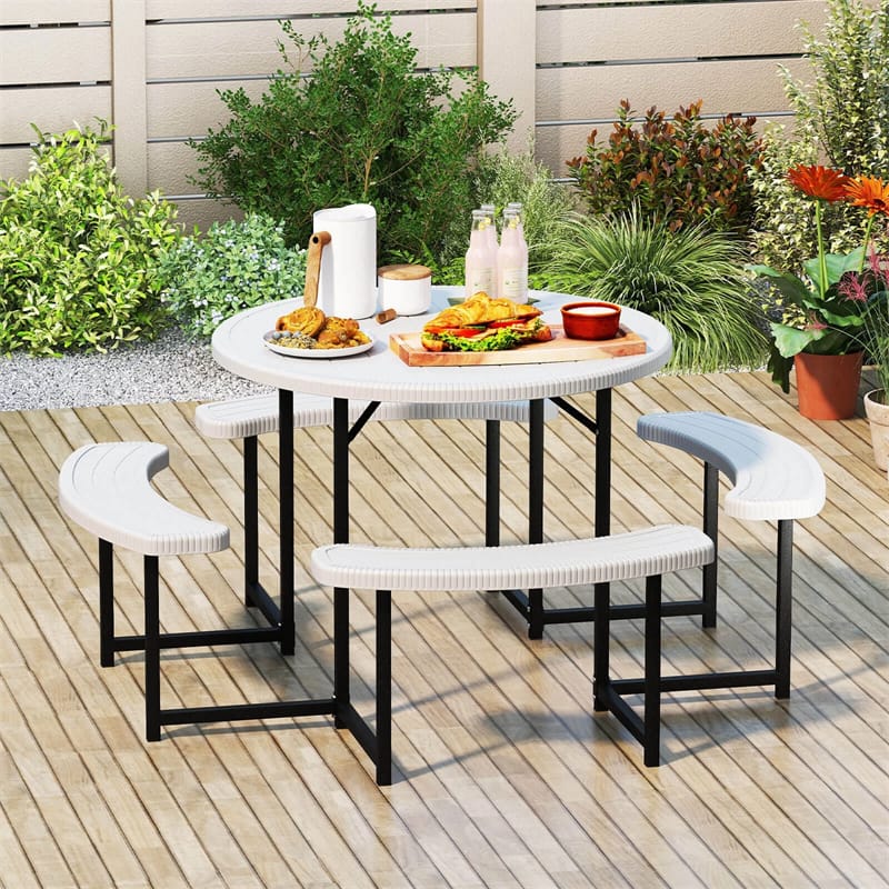 8 Person Round Outdoor Picnic Table Bench Set with Umbrella Hole, HDPE Tabletop, Metal Frame & 2000lbs Capacity for Patio, Garden, Lawn