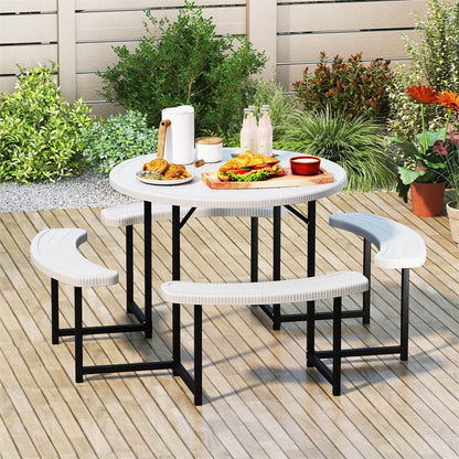 8 Person Round Outdoor Picnic Table Bench Set with Umbrella Hole, HDPE Tabletop, Metal Frame & 2000lbs Capacity for Patio, Garden, Lawn