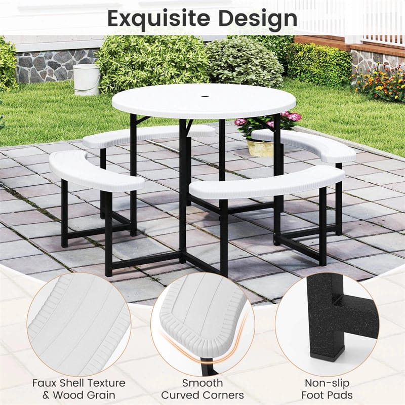 8 Person Round Outdoor Picnic Table Bench Set with Umbrella Hole, HDPE Tabletop, Metal Frame & 2000lbs Capacity for Patio, Garden, Lawn
