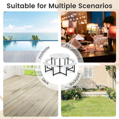 8 Person Round Outdoor Picnic Table Bench Set with Umbrella Hole, HDPE Tabletop, Metal Frame & 2000lbs Capacity for Patio, Garden, Lawn