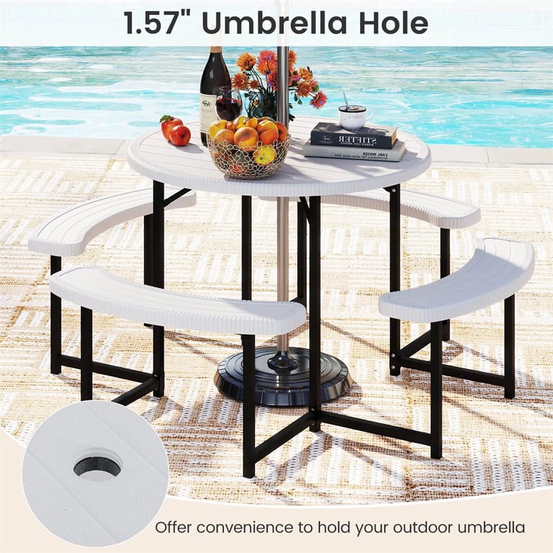 8 Person Round Outdoor Picnic Table Bench Set with Umbrella Hole, HDPE Tabletop, Metal Frame & 2000lbs Capacity for Patio, Garden, Lawn