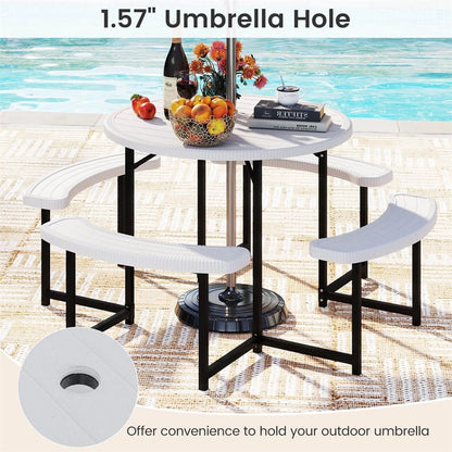 8 Person Round Outdoor Picnic Table Bench Set with Umbrella Hole, HDPE Tabletop, Metal Frame & 2000lbs Capacity for Patio, Garden, Lawn