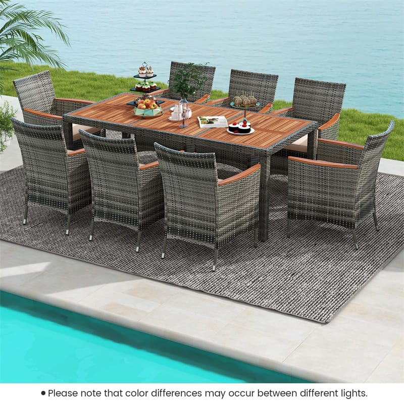 9 Piece Patio Rattan Dining Set with 8 Cushioned Armchairs, Acacia Wood Top Table & Umbrella Hole, Outdoor Dining Furniture for Poolside, Backyard