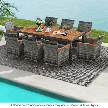 9 Piece Patio Rattan Dining Set with 8 Cushioned Armchairs, Acacia Wood Top Table & Umbrella Hole, Outdoor Dining Furniture for Poolside, Backyard