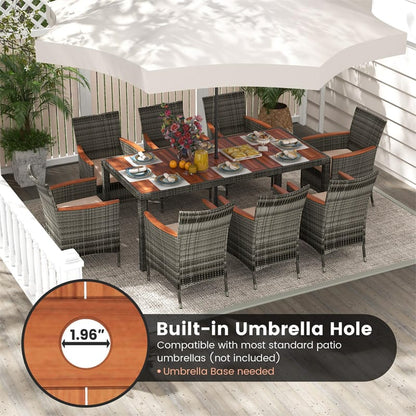9 Piece Patio Rattan Dining Set with 8 Cushioned Armchairs, Acacia Wood Top Table & Umbrella Hole, Outdoor Dining Furniture for Poolside, Backyard