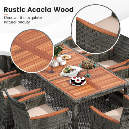 9 Piece Patio Rattan Dining Set with 8 Cushioned Armchairs, Acacia Wood Top Table & Umbrella Hole, Outdoor Dining Furniture for Poolside, Backyard