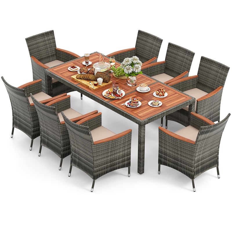 9 Piece Patio Rattan Dining Set with 8 Cushioned Armchairs, Acacia Wood Top Table & Umbrella Hole, Outdoor Dining Furniture for Poolside, Backyard