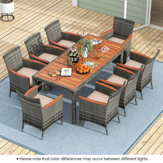 9 Piece Patio Rattan Dining Set with 8 Cushioned Armchairs, Acacia Wood Top Table & Umbrella Hole, Outdoor Dining Furniture for Poolside, Backyard
